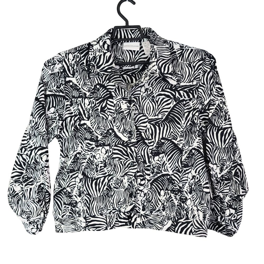 Womens Black & White Alfred Dunner Zebra Print Jacket 3/4 Sleeve Stretch Size 10